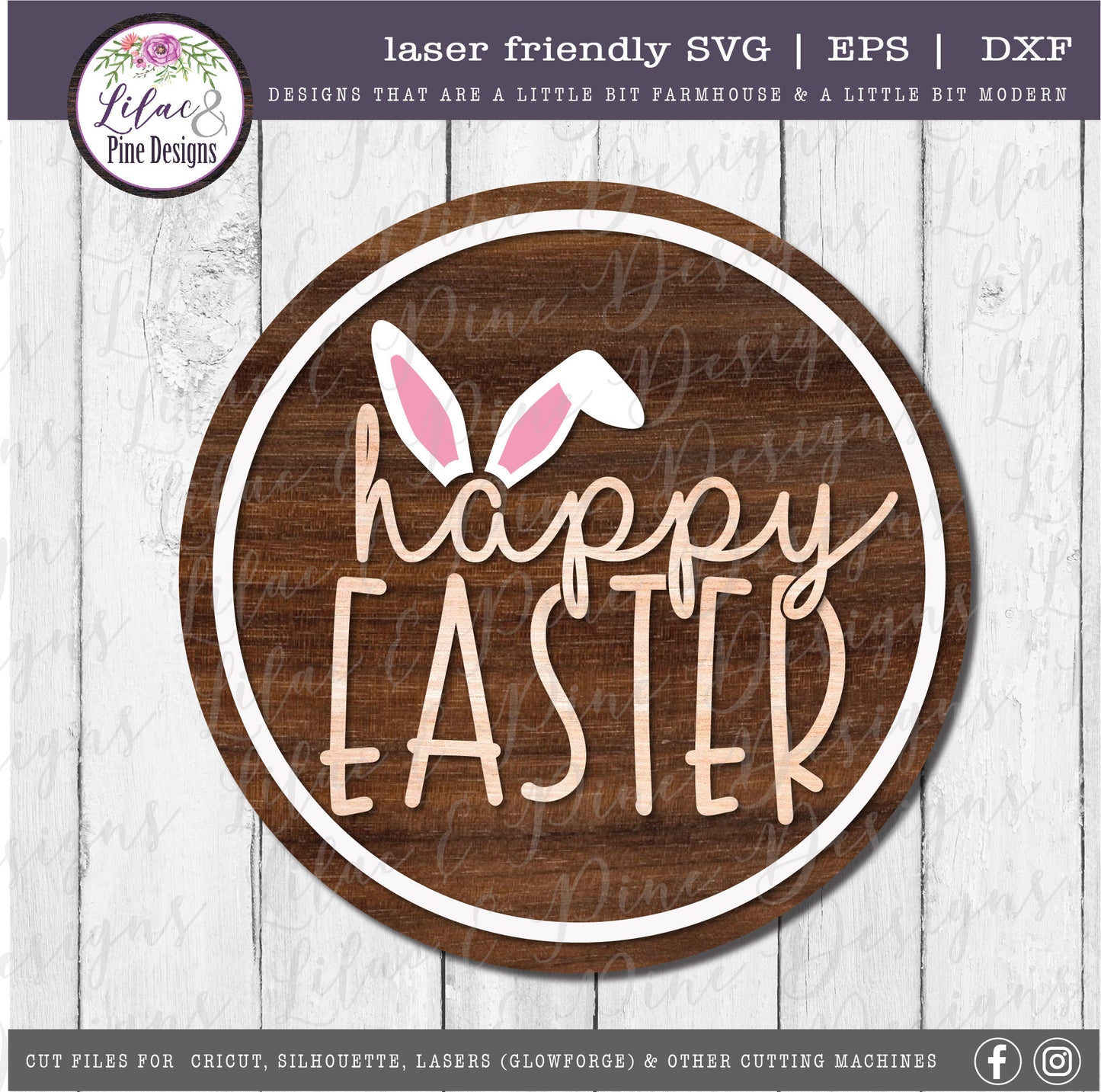 Happy Easter round SVG, Easter Sign SVG, Easter bunny svg, bunny ears SVG, farmhouse Easter decor, Cricut svg, Glowforge Svg, laser cut file