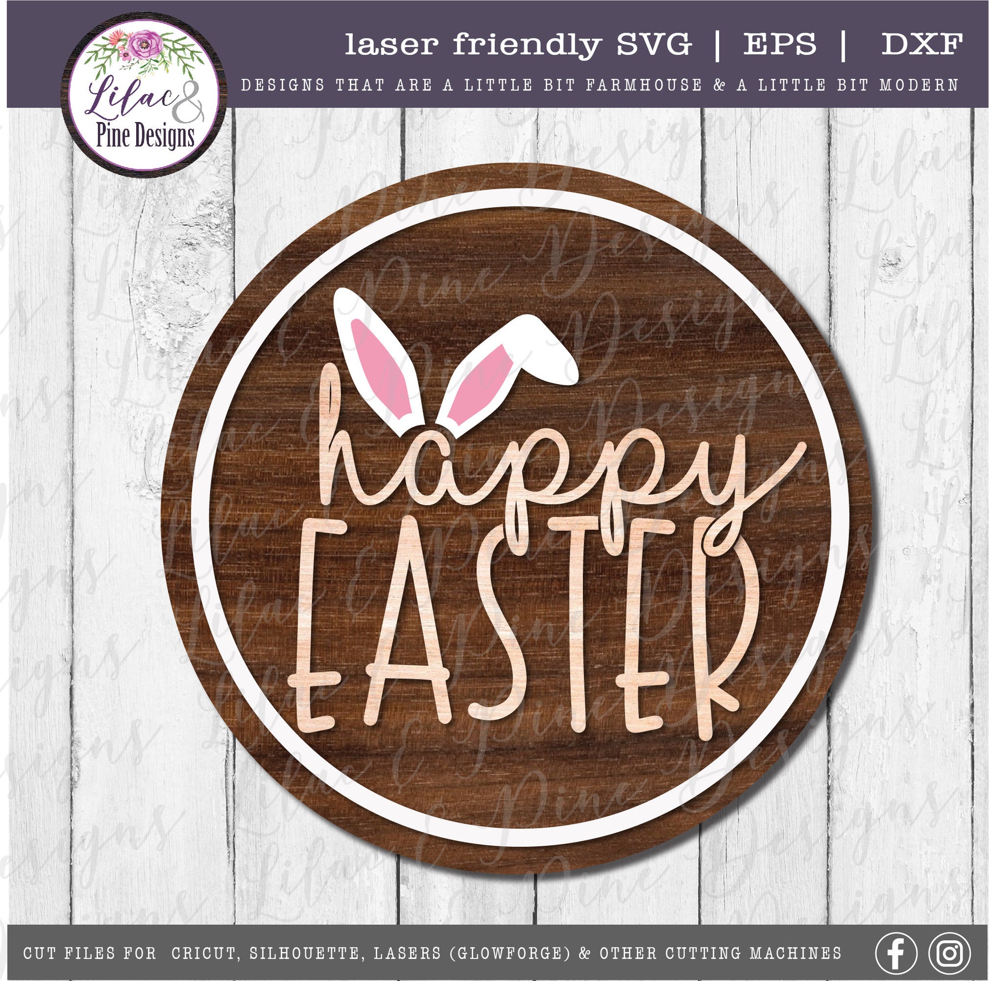 Happy Easter round SVG, Easter Sign SVG, Easter bunny svg, bunny ears SVG, farmhouse Easter decor, Cricut svg, Glowforge Svg, laser cut file