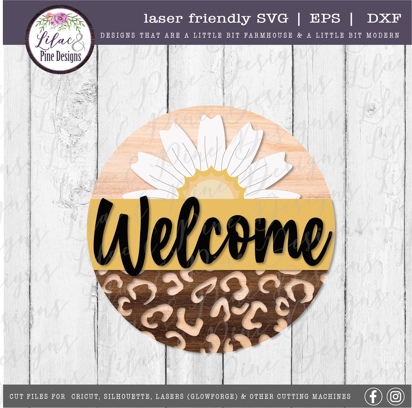 leopard print daisy round welcome sign, front porch decor SVG, floral welcome SVG, leopard print home decor, Glowforge Svg, laser cut file