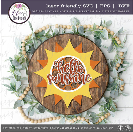 Hello Sunshine honeycomb sign, summer decor SVG, welcome SVG, sun svg, door sign, farmhouse decor, Cricut SVG, Glowforge Svg, laser cut file