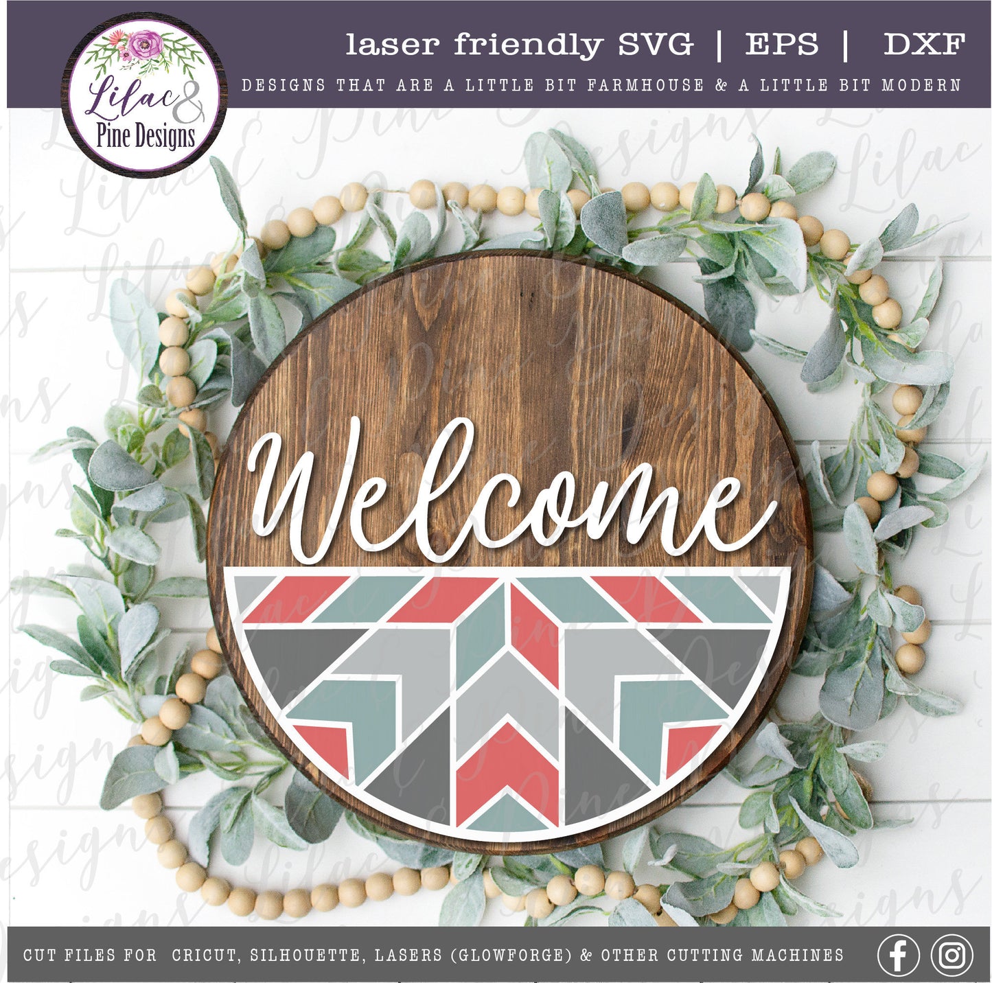 Welcome stained glass quilt round, quilt lover SVG, Welcome SVG, front door decor, round wood sign, geometric, Glowforge Svg, laser cut file