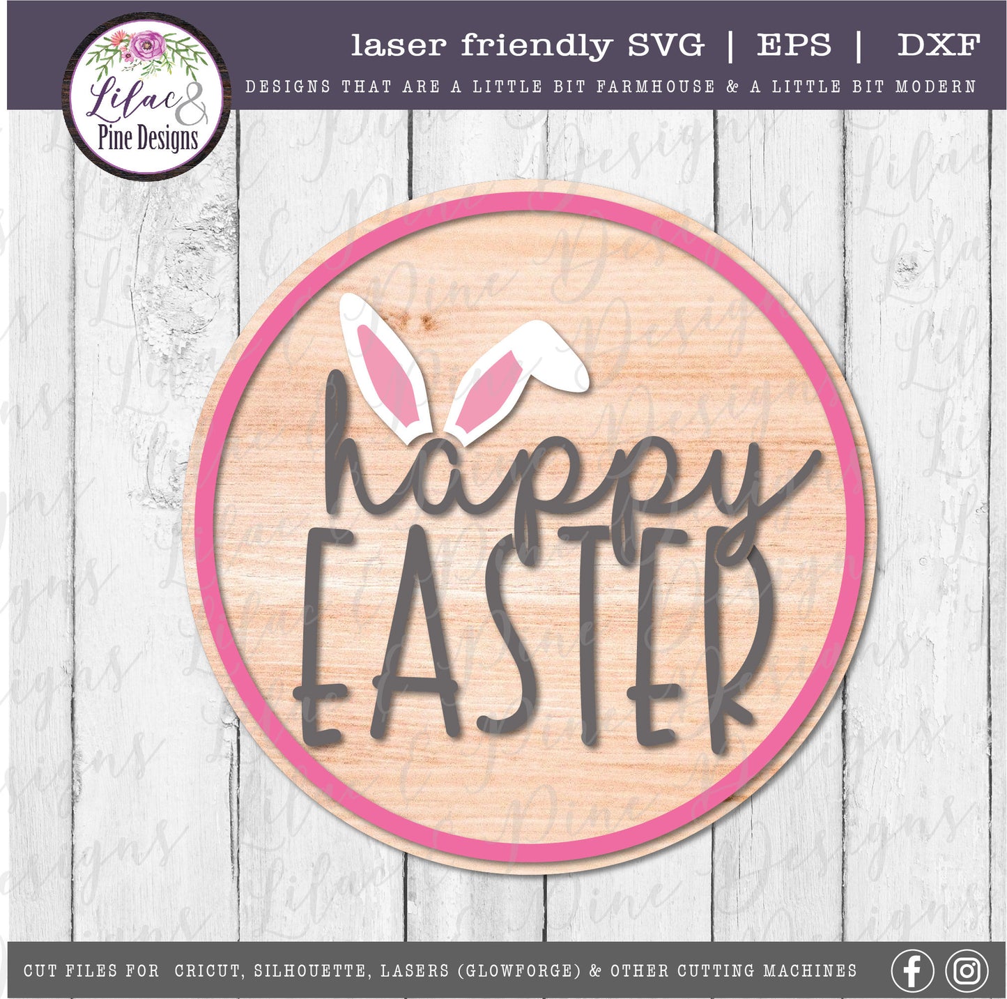 Happy Easter round SVG, Easter Sign SVG, Easter bunny svg, bunny ears SVG, farmhouse Easter decor, Cricut svg, Glowforge Svg, laser cut file