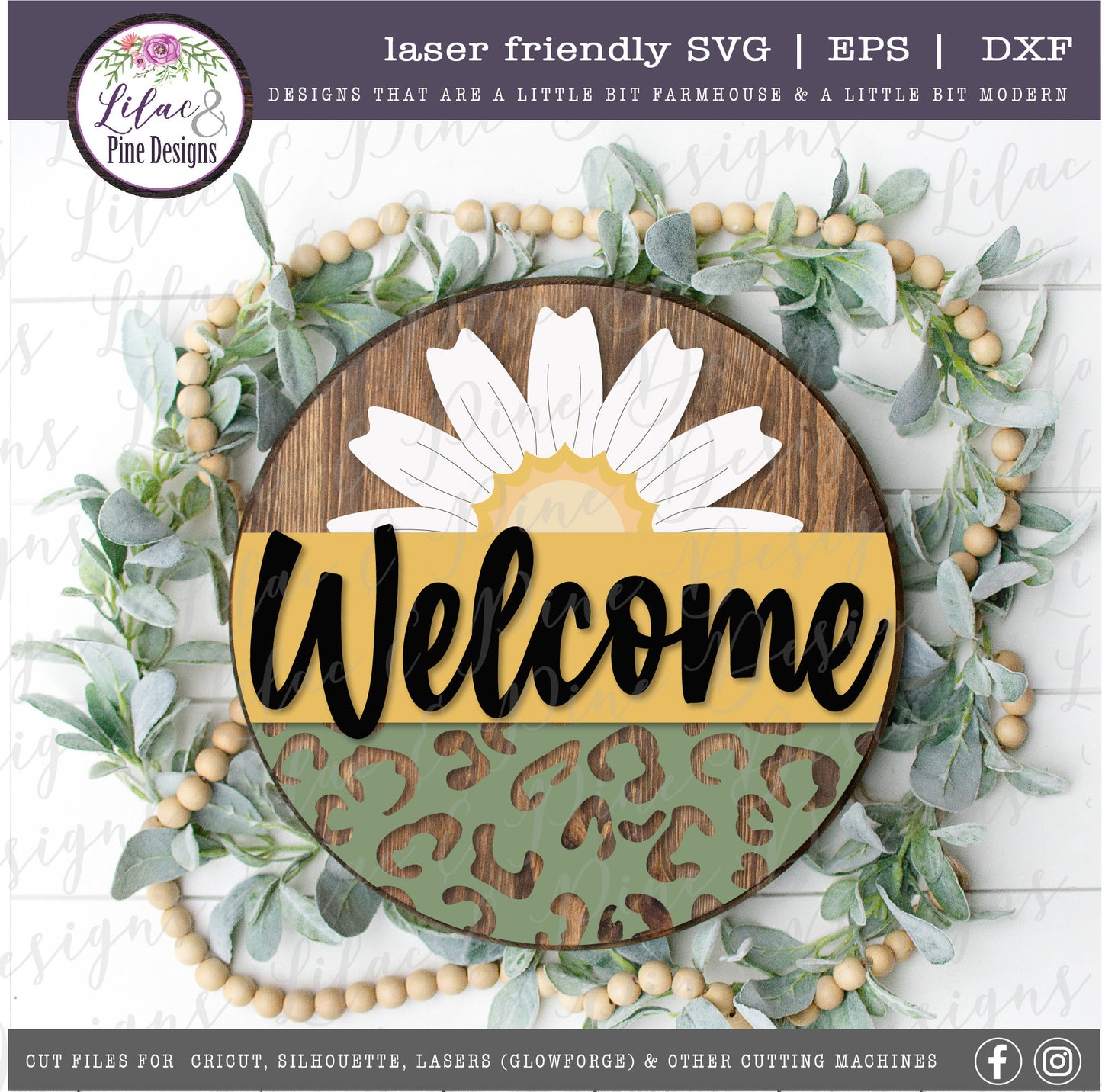 leopard print daisy round welcome sign, front porch decor SVG, floral welcome SVG, leopard print home decor, Glowforge Svg, laser cut file