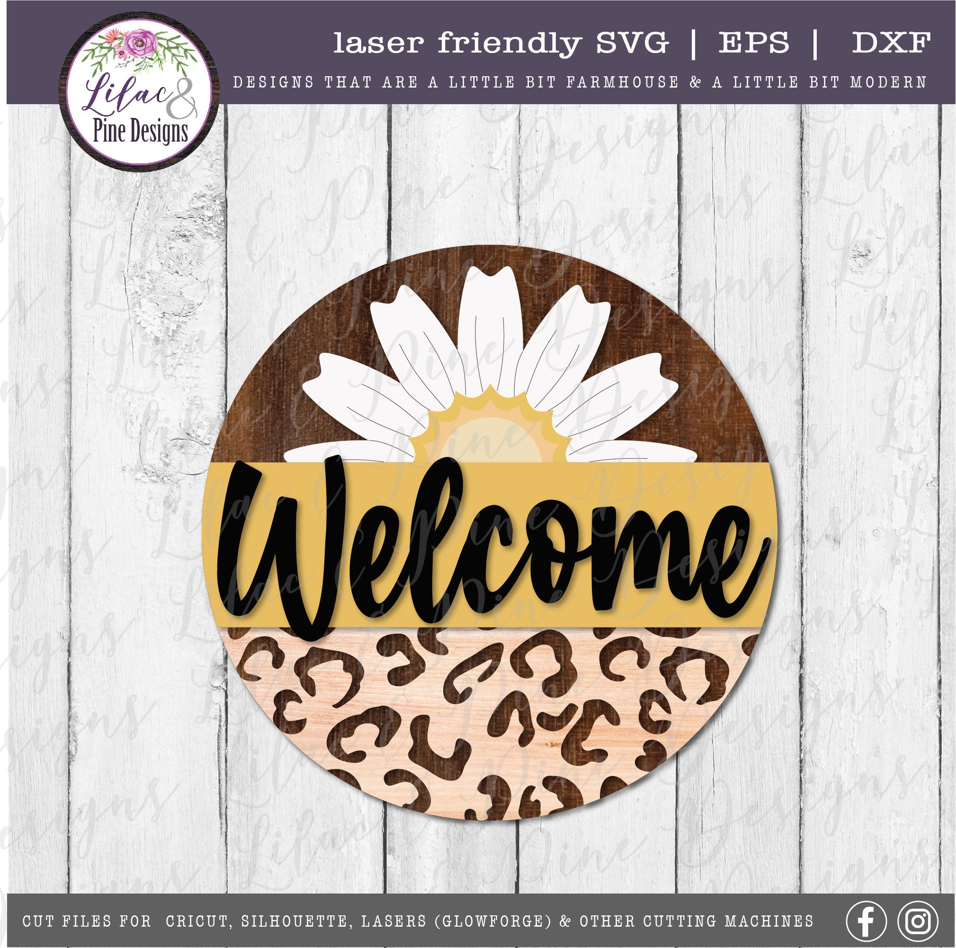 leopard print daisy round welcome sign, front porch decor SVG, floral welcome SVG, leopard print home decor, Glowforge Svg, laser cut file
