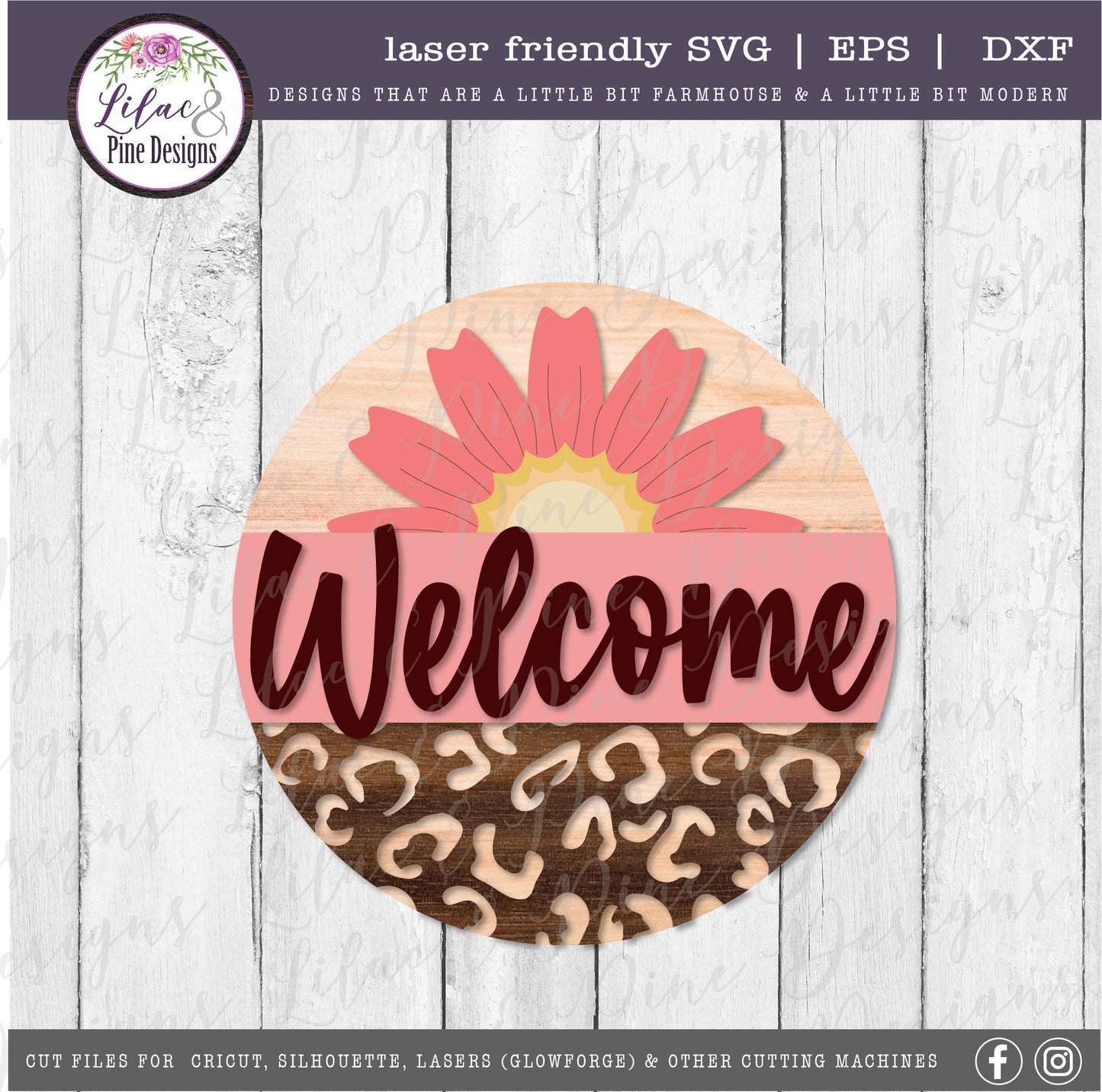 leopard print daisy round welcome sign, front porch decor SVG, floral welcome SVG, leopard print home decor, Glowforge Svg, laser cut file
