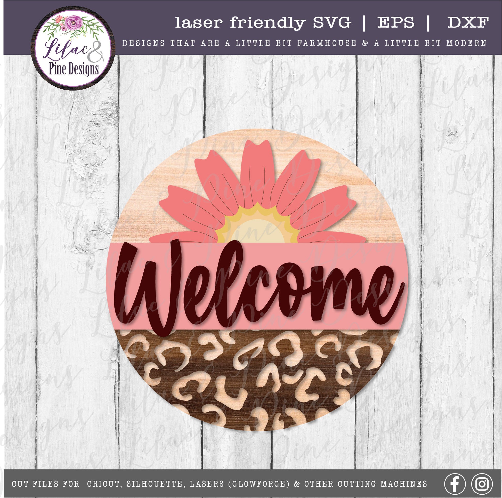leopard print daisy round welcome sign, front porch decor SVG, floral welcome SVG, leopard print home decor, Glowforge Svg, laser cut file