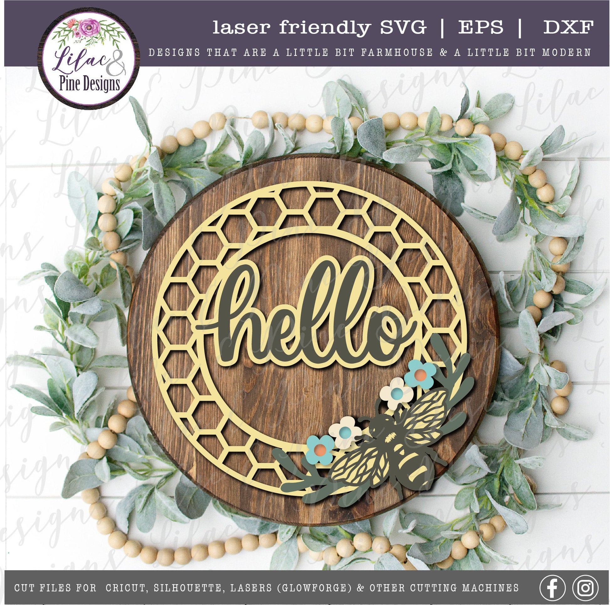 Hello Bee Honeycomb sign, Spring sign SVG, bee SVG, summer decor, honeycomb sign, honey svg, farmhouse decor, Glowforge Svg, laser cut file