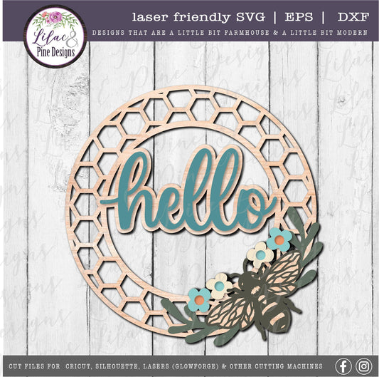 Hello Bee Honeycomb sign, Spring sign SVG, bee SVG, summer decor, honeycomb sign, honey svg, farmhouse decor, Glowforge Svg, laser cut file