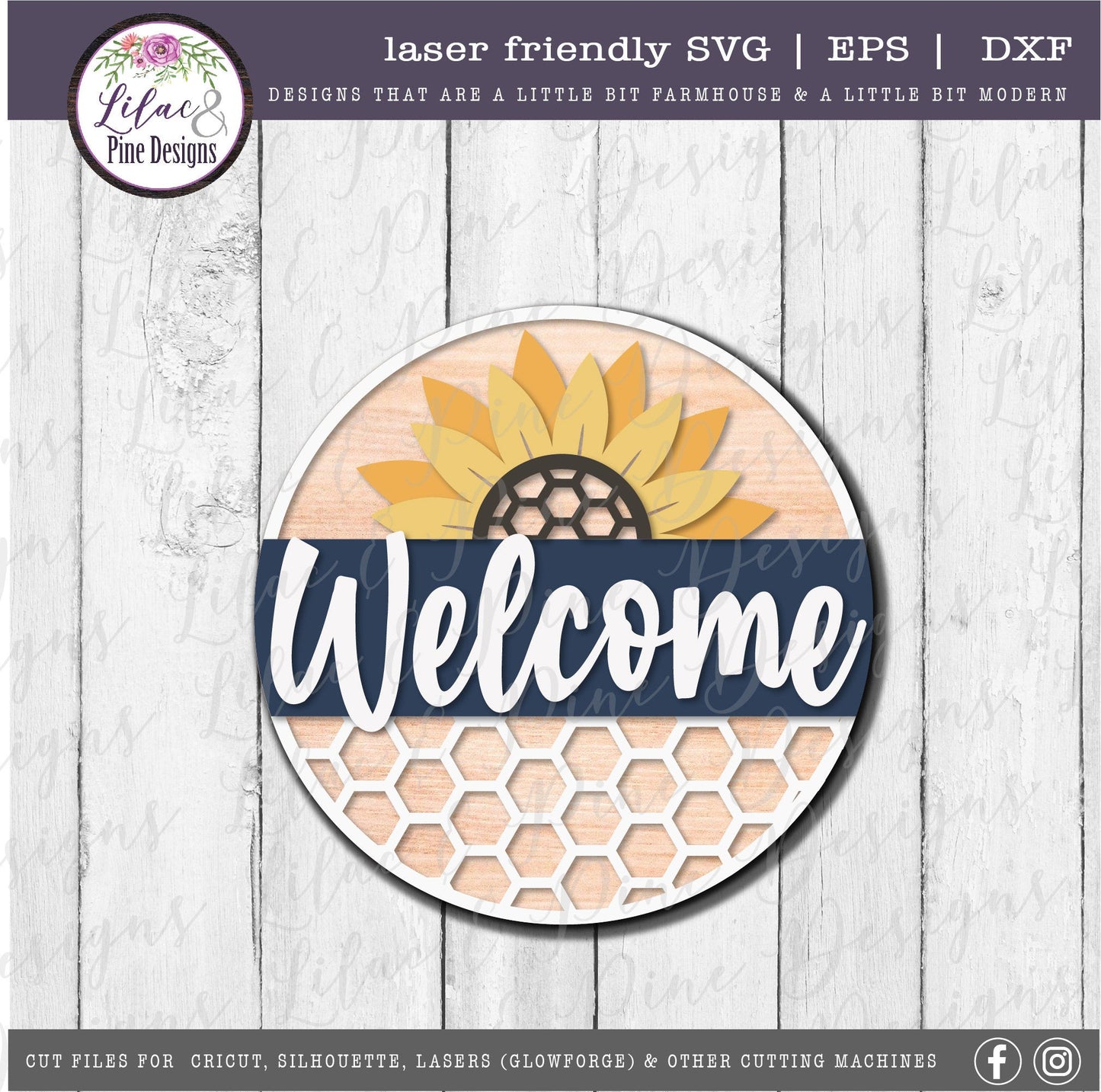 Sunflower honeycomb welcome sign, summer decor SVG, welcome SVG, round wood sign, farmhouse decor, Cricut SVG, Glowforge Svg, laser cut file