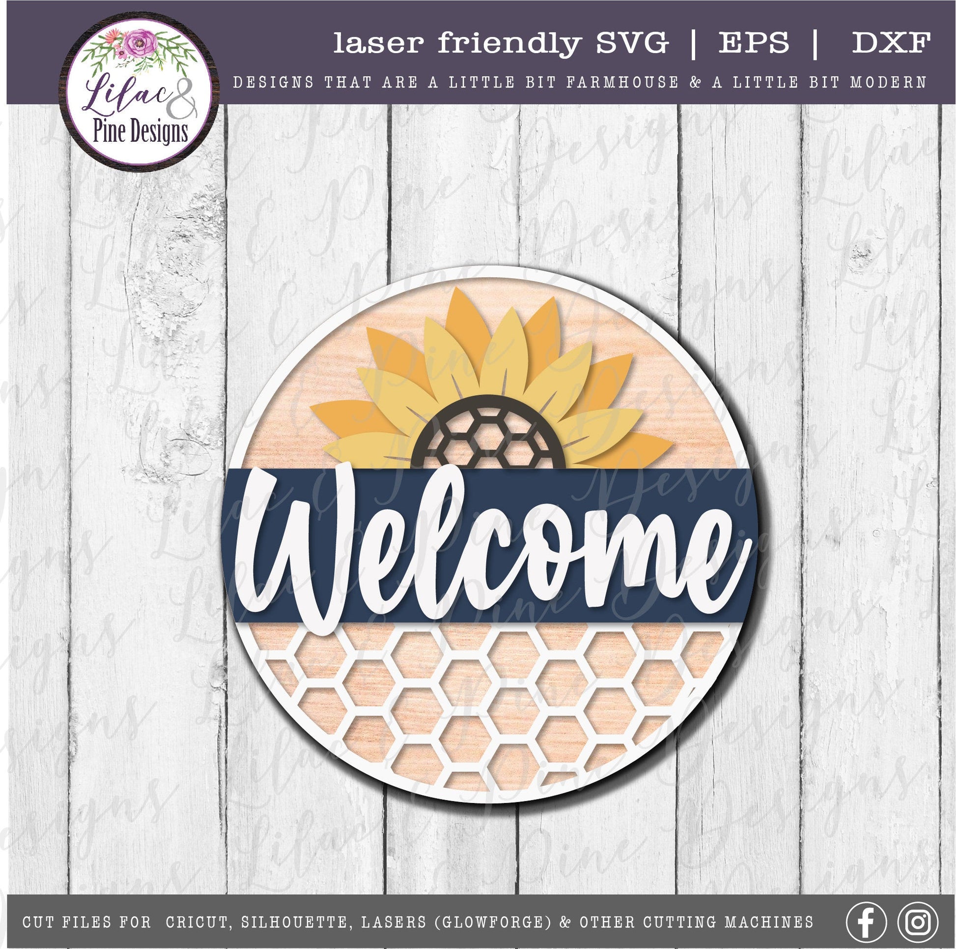 Sunflower honeycomb welcome sign, summer decor SVG, welcome SVG, round wood sign, farmhouse decor, Cricut SVG, Glowforge Svg, laser cut file
