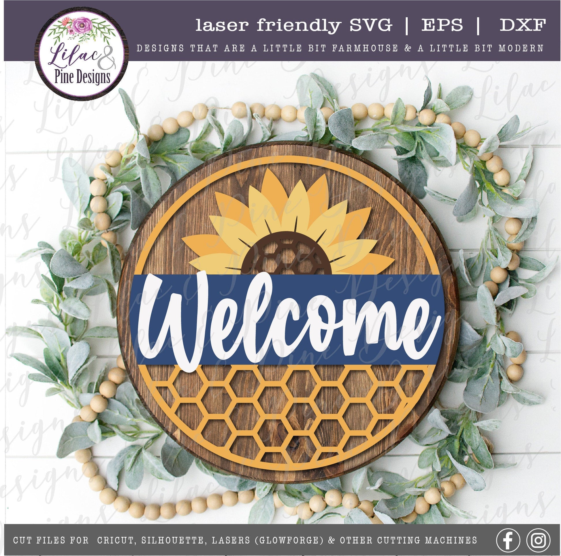 Sunflower honeycomb welcome sign, summer decor SVG, welcome SVG, round wood sign, farmhouse decor, Cricut SVG, Glowforge Svg, laser cut file
