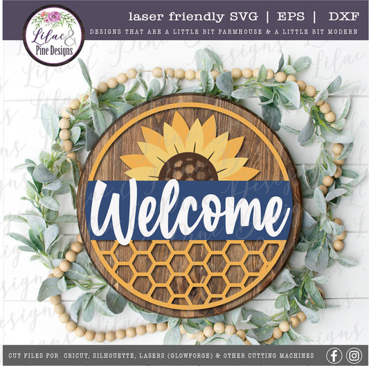 Sunflower honeycomb welcome sign, summer decor SVG, welcome SVG, round wood sign, farmhouse decor, Cricut SVG, Glowforge Svg, laser cut file