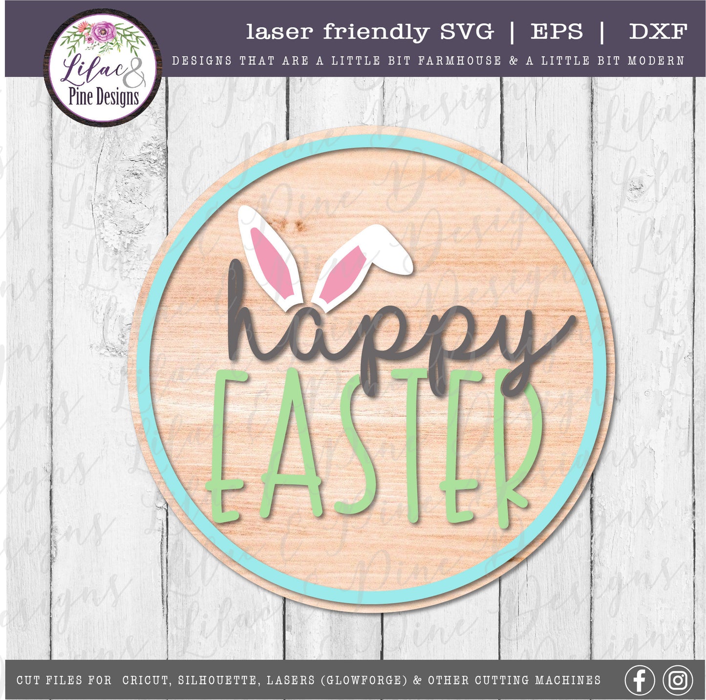 Happy Easter round SVG, Easter Sign SVG, Easter bunny svg, bunny ears SVG, farmhouse Easter decor, Cricut svg, Glowforge Svg, laser cut file
