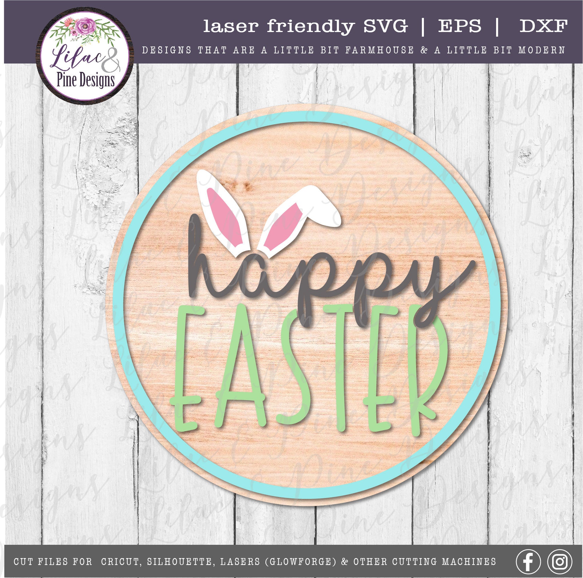 Happy Easter round SVG, Easter Sign SVG, Easter bunny svg, bunny ears SVG, farmhouse Easter decor, Cricut svg, Glowforge Svg, laser cut file