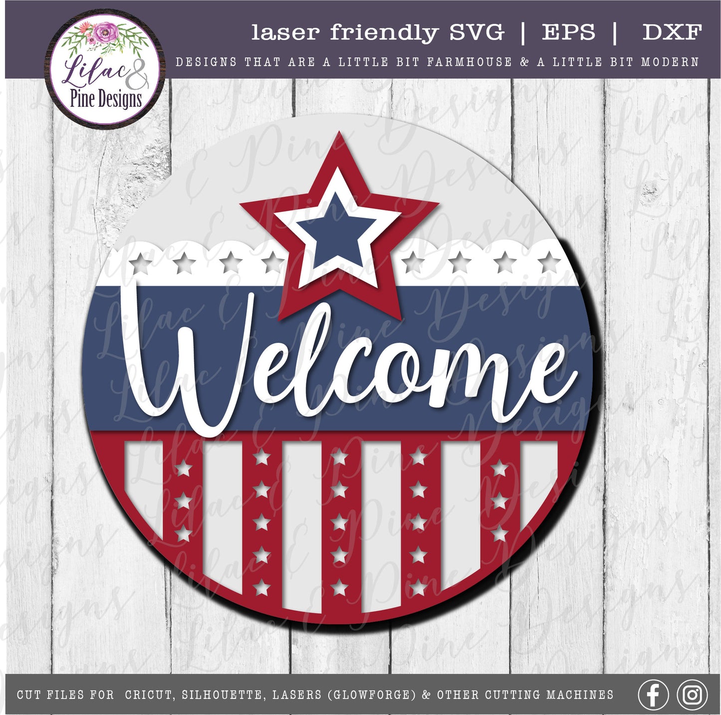 Patriotic Welcome round sign, July 4th door decor SVG, Stars and Stripes SVG, Independence Day porch sign svg, Glowforge Svg, laser cut file