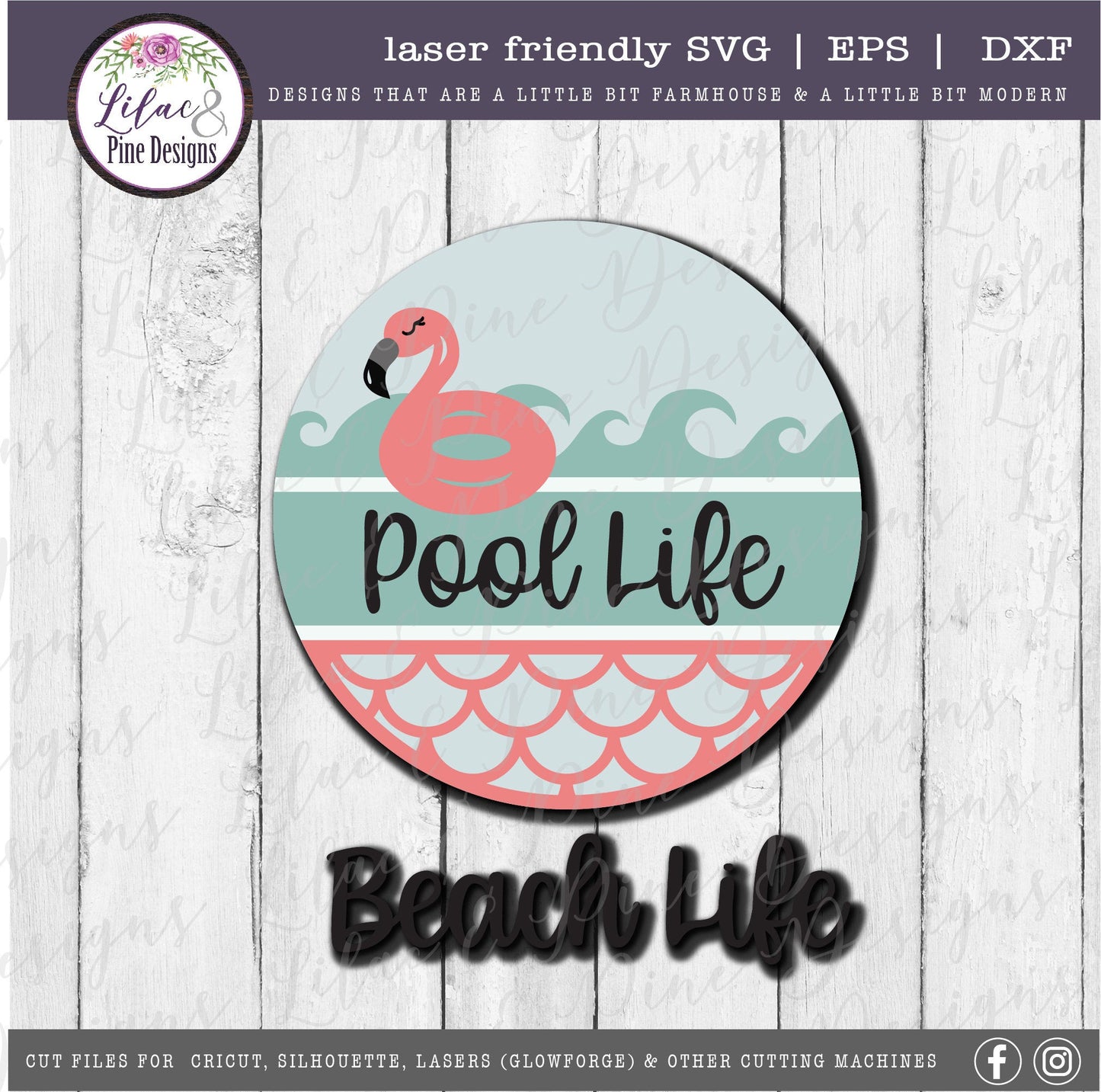 Flamingo Beach Life sign, Pool Life sign, summer door decor, Pool SVG, summer porch sign svg, waves SVG, Glowforge Svg, laser cut file