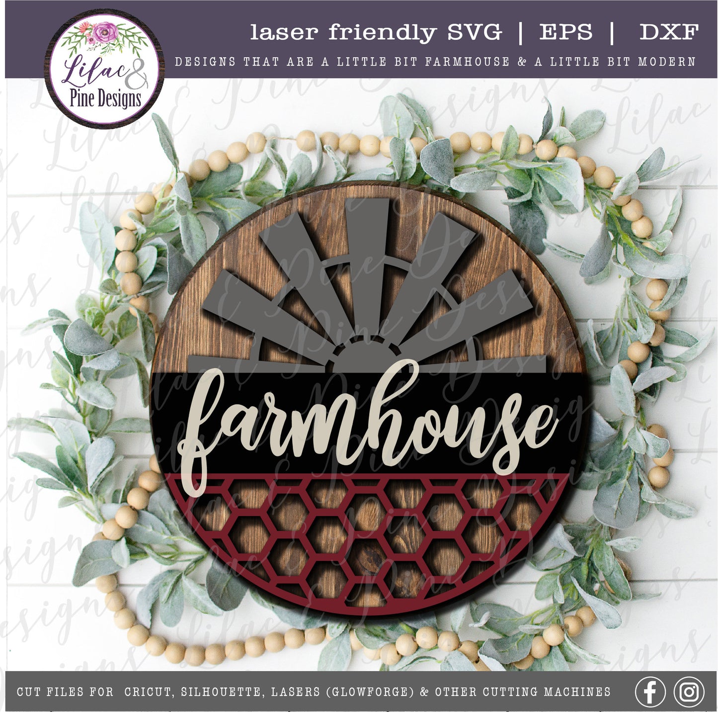 Farmhouse windmill sign, honeycomb SVG, modern farmhouse decor, round wood sign, porch decor SVG, Cricut svg, Glowforge Svg, laser cut file
