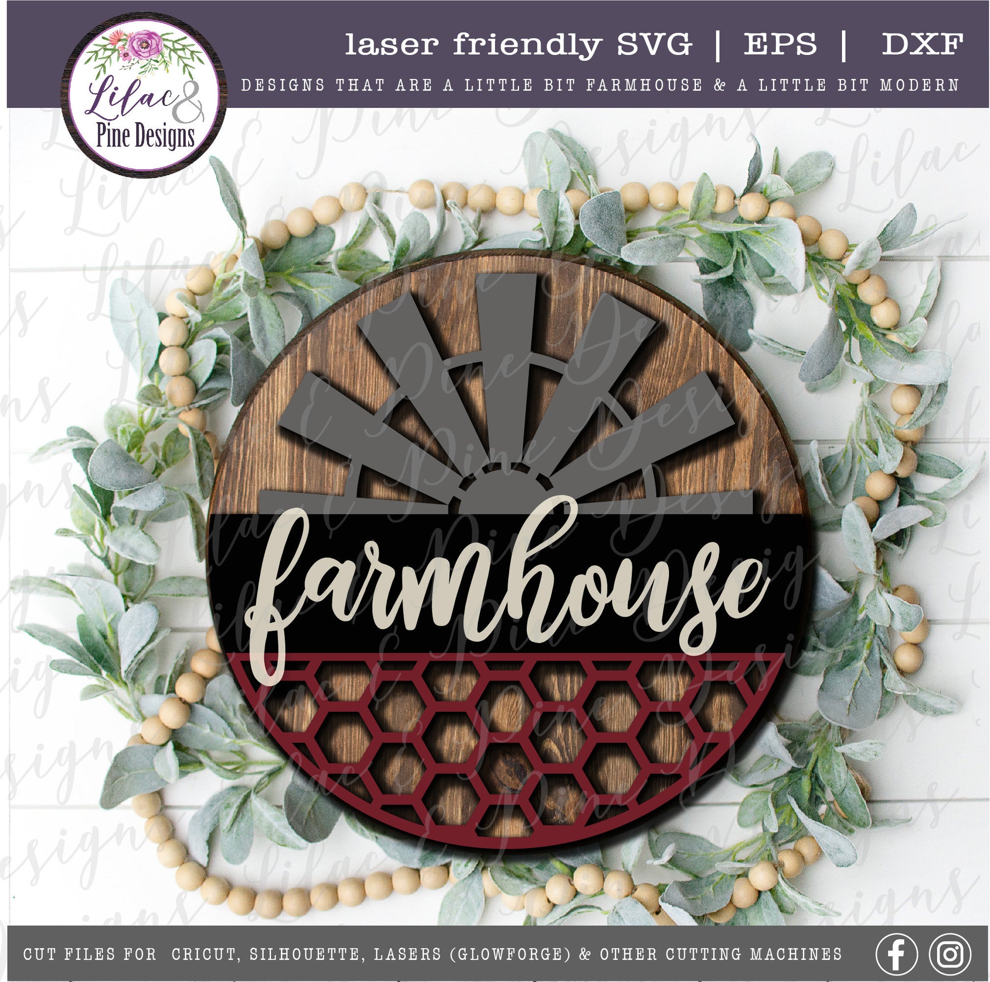 Farmhouse windmill sign, honeycomb SVG, modern farmhouse decor, round wood sign, porch decor SVG, Cricut svg, Glowforge Svg, laser cut file