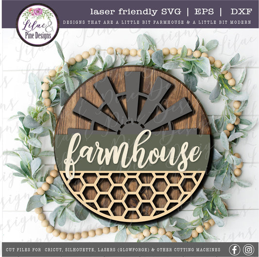 Farmhouse windmill sign, honeycomb SVG, modern farmhouse decor, round wood sign, porch decor SVG, Cricut svg, Glowforge Svg, laser cut file