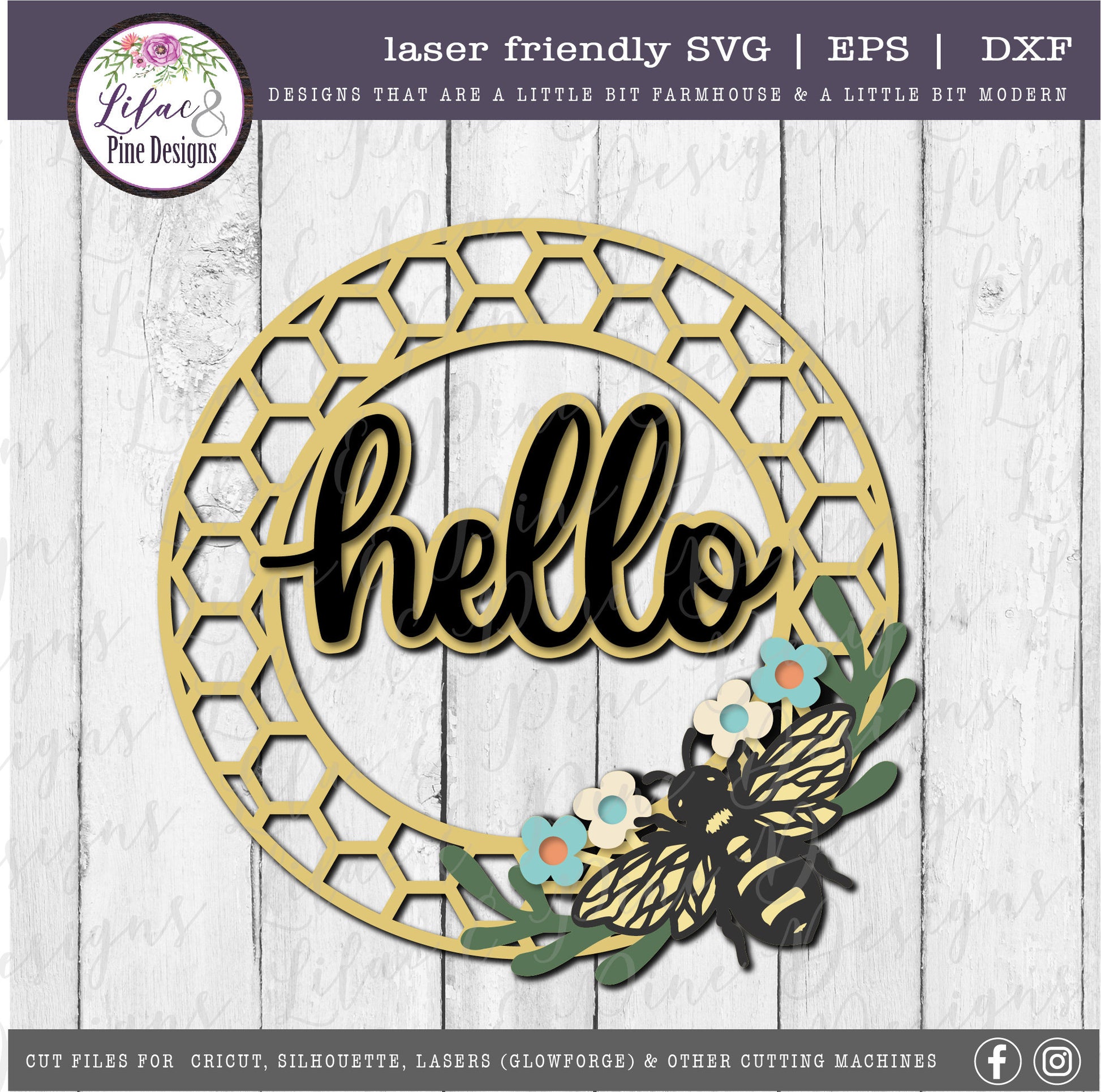 Hello Bee Honeycomb sign, Spring sign SVG, bee SVG, summer decor, honeycomb sign, honey svg, farmhouse decor, Glowforge Svg, laser cut file