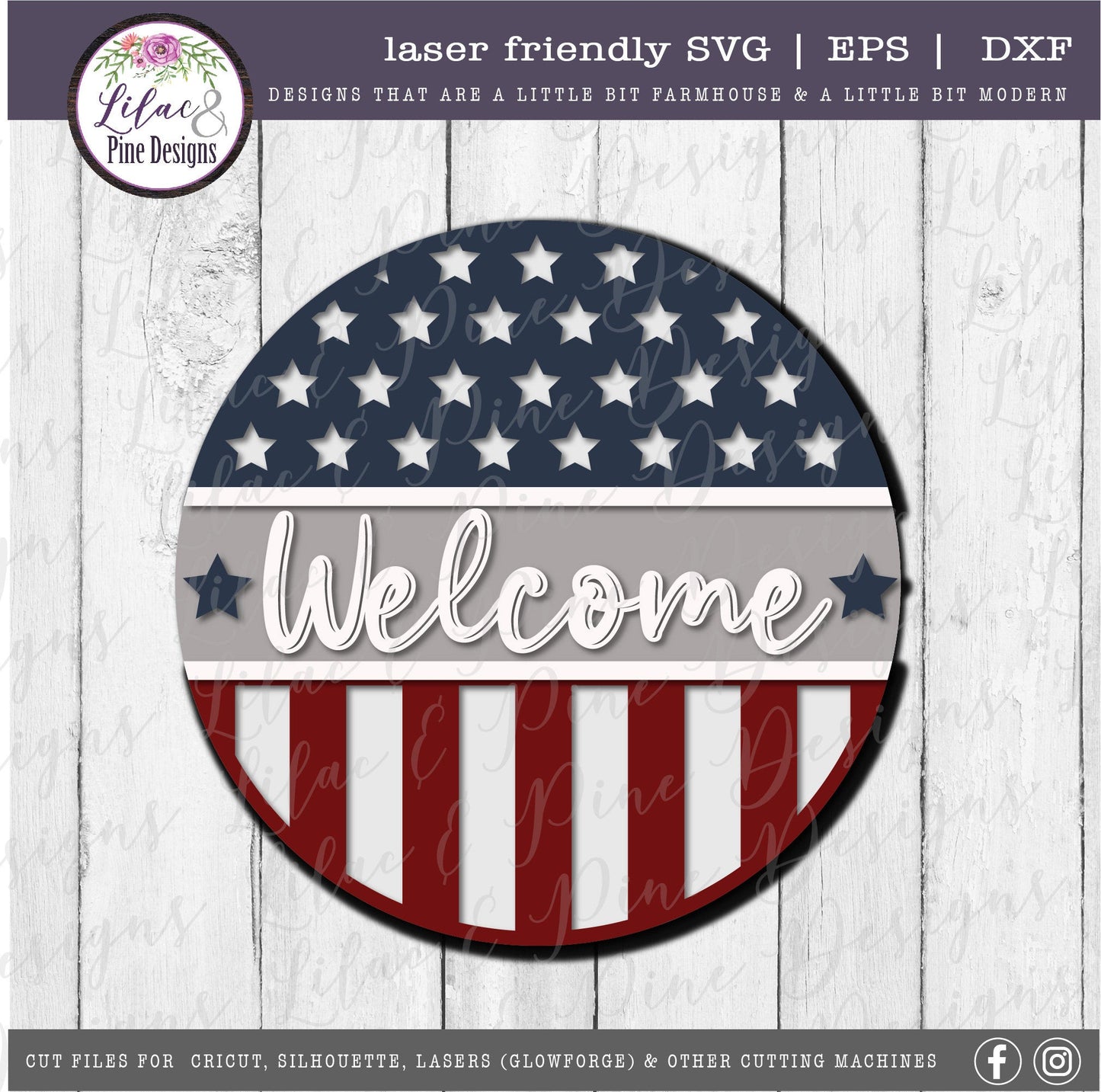 Patriotic Welcome round sign, July 4th door decor SVG, Stars and Stripes SVG, Independence Day porch sign svg, Glowforge Svg, laser cut file