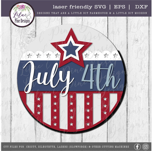 Patriotic Welcome round sign, July 4th door decor SVG, Stars and Stripes SVG, Independence Day porch sign svg, Glowforge Svg, laser cut file