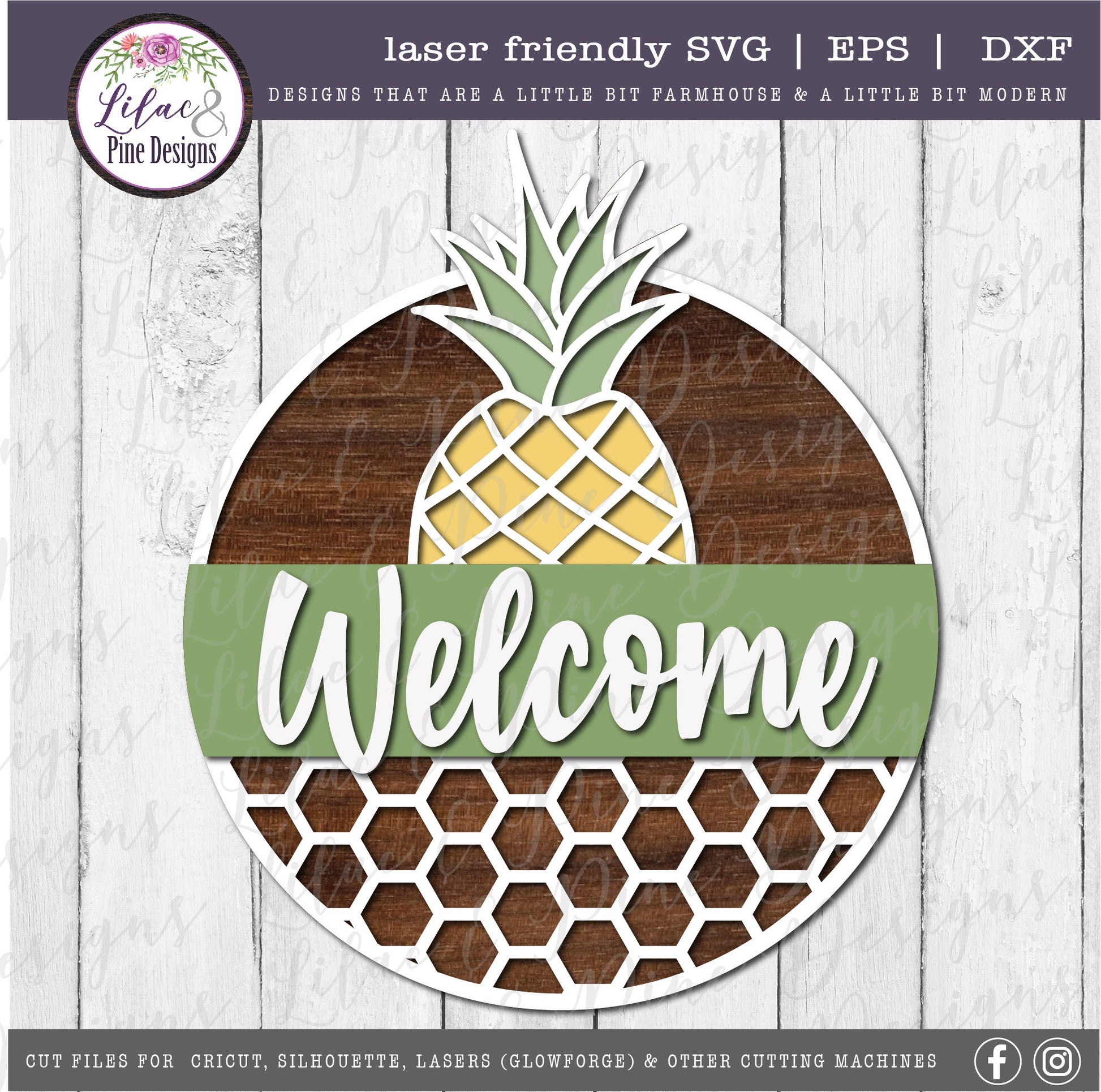 Honeycomb Pineapple sign, Welcome SVG, tropical summer door decor SVG, pineapple SVG, summer porch sign svg, Glowforge Svg, laser cut file