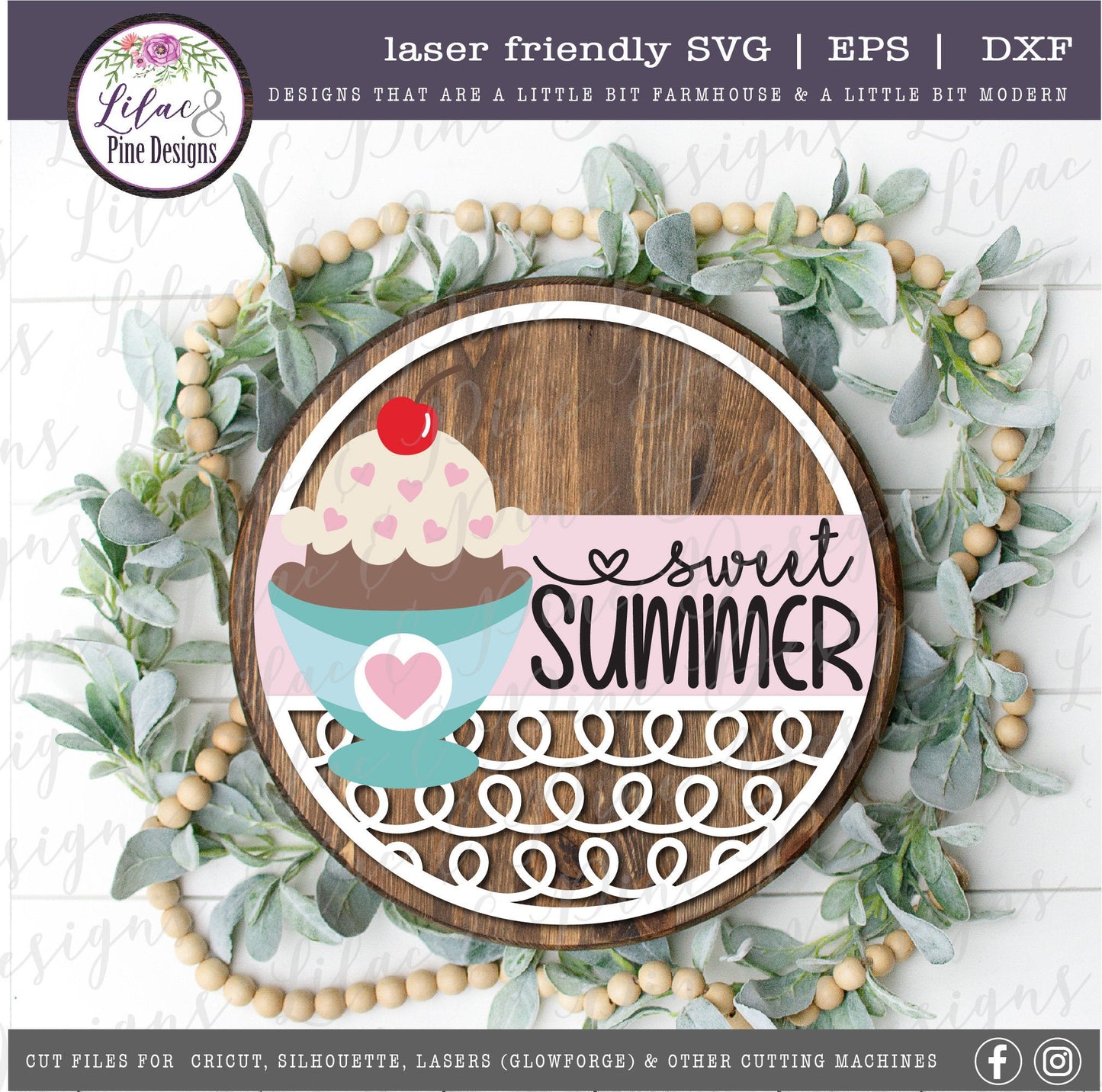 Sweet Summer ice cream sign, summer door decor SVG, ice cream SVG, summer porch sign svg, wood door sign, Glowforge Svg, laser cut file
