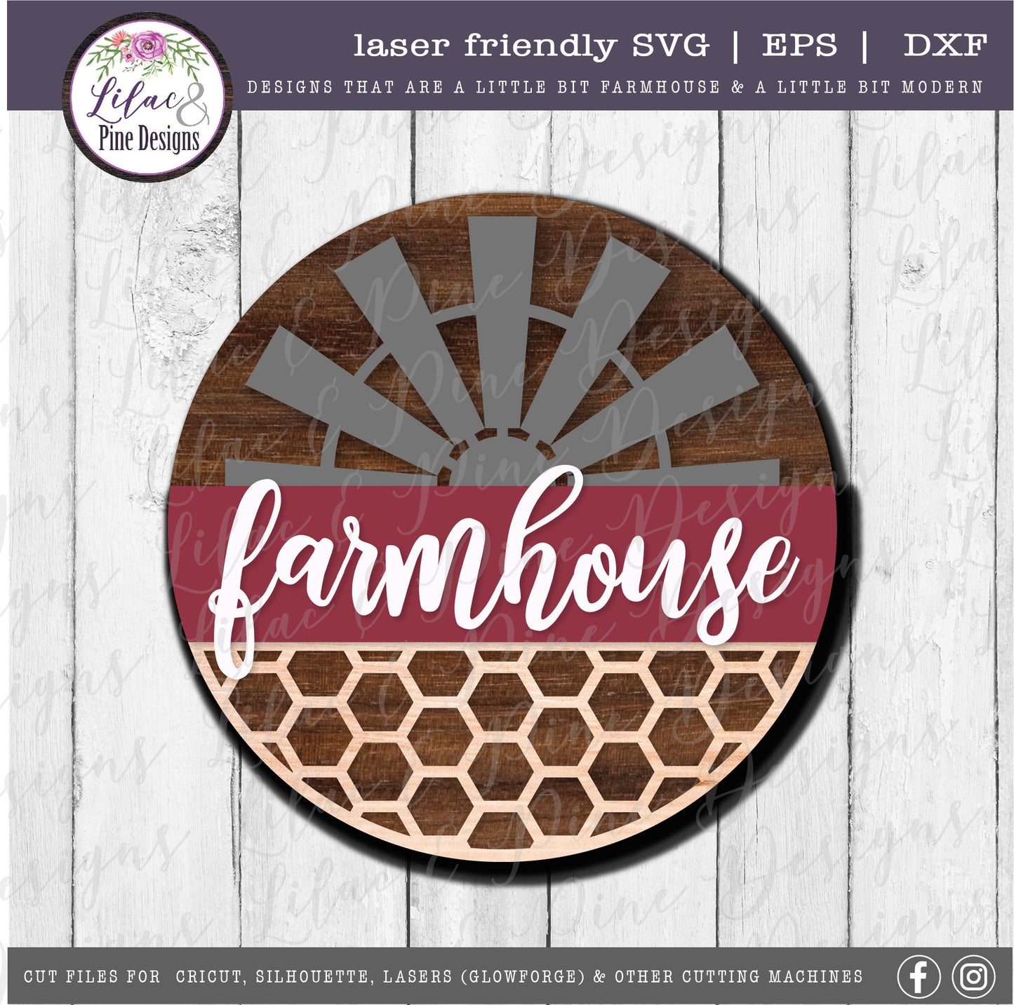 Farmhouse windmill sign, honeycomb SVG, modern farmhouse decor, round wood sign, porch decor SVG, Cricut svg, Glowforge Svg, laser cut file