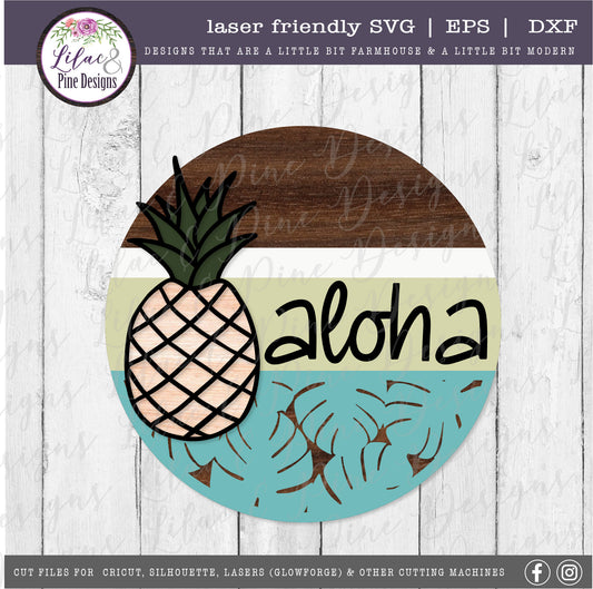 Aloha Summer Pineapple sign, hello tropical summer door decor SVG, pineapple SVG, summer porch sign svg, Glowforge Svg, laser cut file