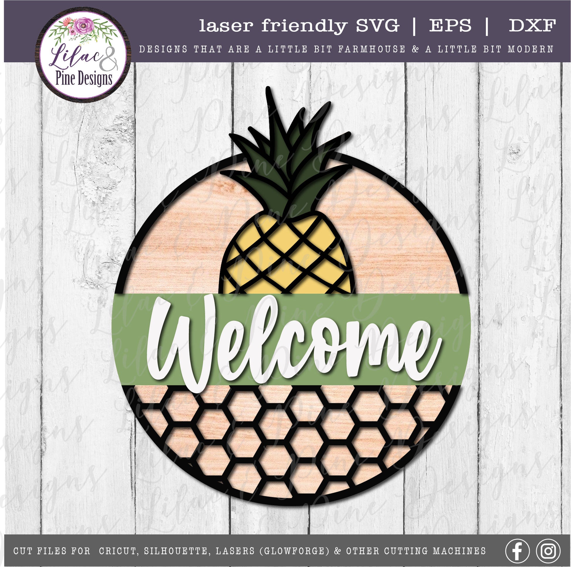 Honeycomb Pineapple sign, Welcome SVG, tropical summer door decor SVG, pineapple SVG, summer porch sign svg, Glowforge Svg, laser cut file