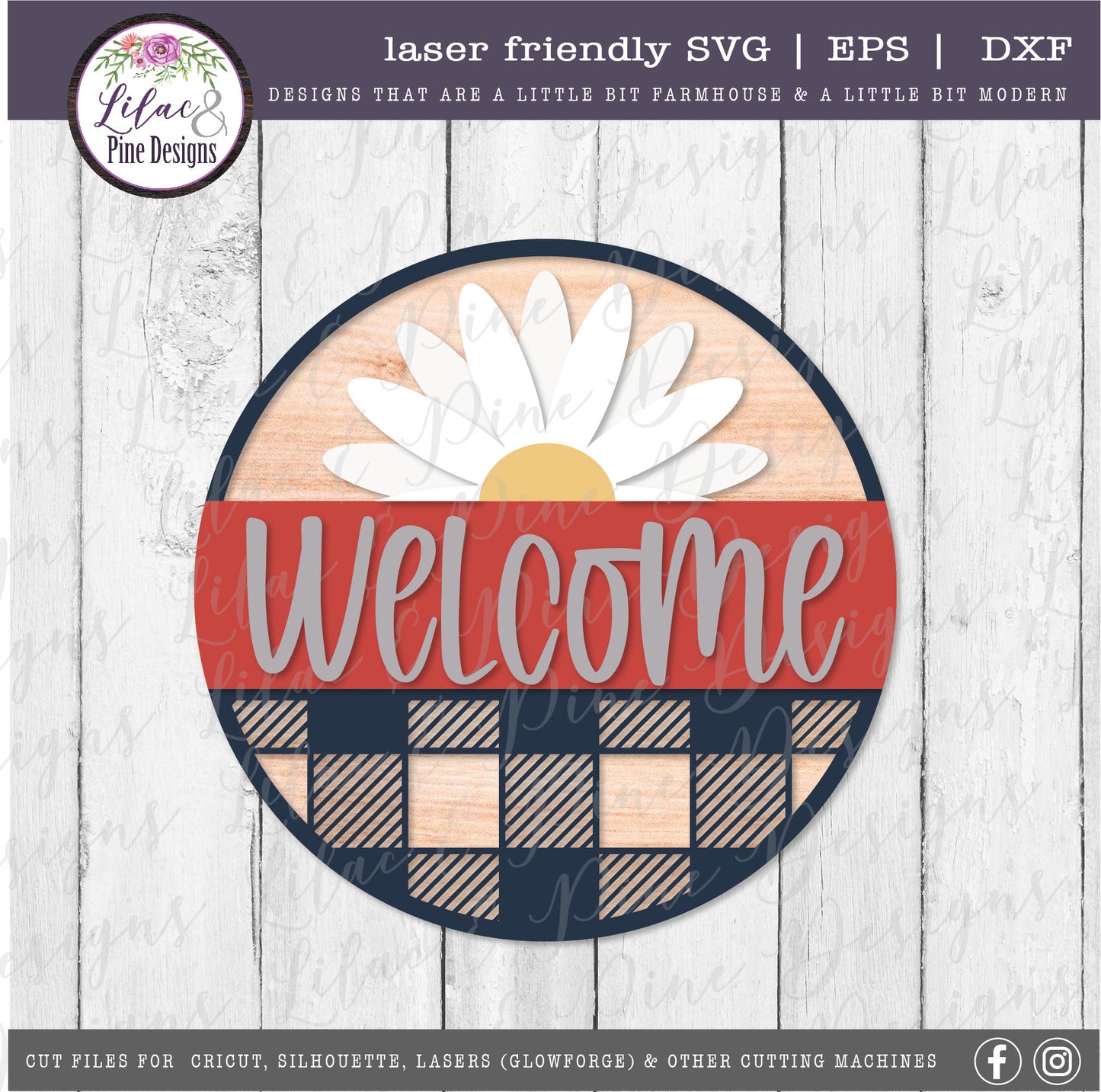Daisy plaid welcome sign, summer decor, welcome SVG, round wood sign, farmhouse decor, daisy SVG, plaid Svg, Glowforge Svg, laser cut file