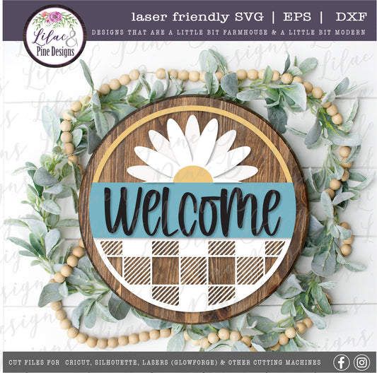 Daisy plaid welcome sign, summer decor, welcome SVG, round wood sign, farmhouse decor, daisy SVG, plaid Svg, Glowforge Svg, laser cut file