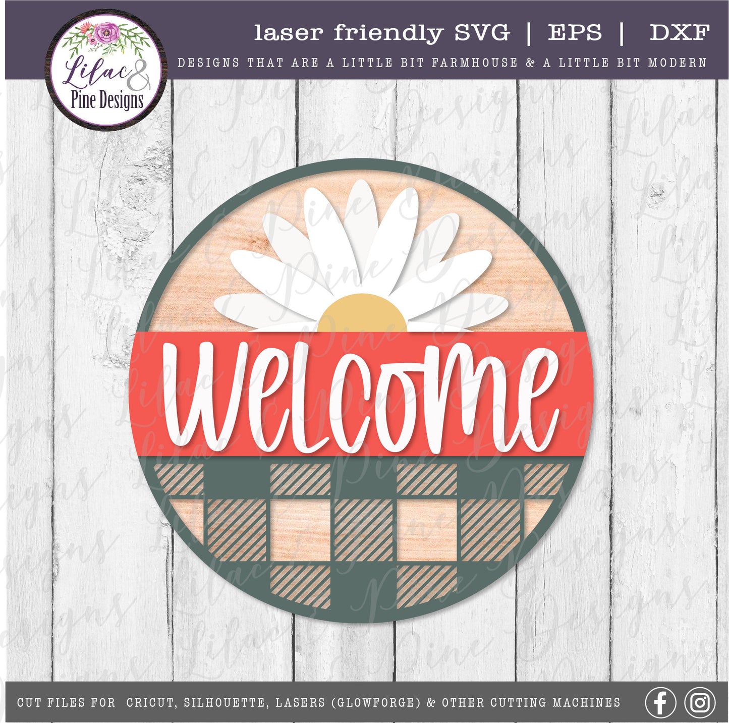 Daisy plaid welcome sign, summer decor, welcome SVG, round wood sign, farmhouse decor, daisy SVG, plaid Svg, Glowforge Svg, laser cut file