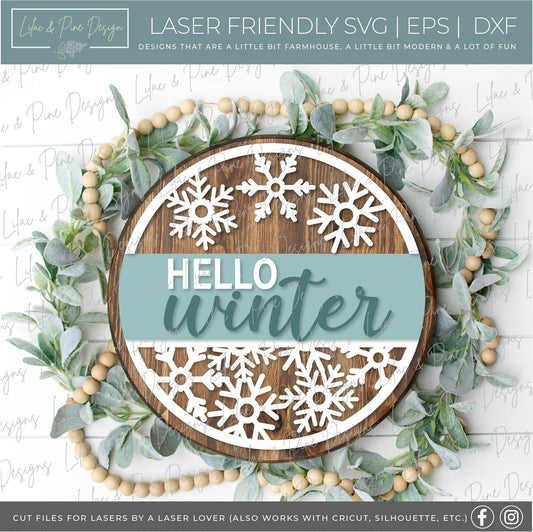 Hello Winter snow sign, Snowflake SVG, Christmas welcome SVG, Winter welcome sign, Snow svg, winter decor, laser cut file, Glowforge SVG