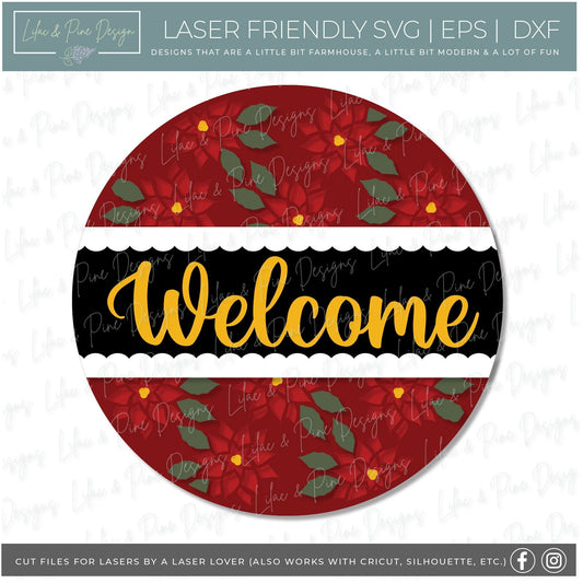 Poinsettia door hanger sign, Merry Christmas SVG, Christmas door round SVG, Holiday welcome sign svg, Christmas laser file, Glowforge file