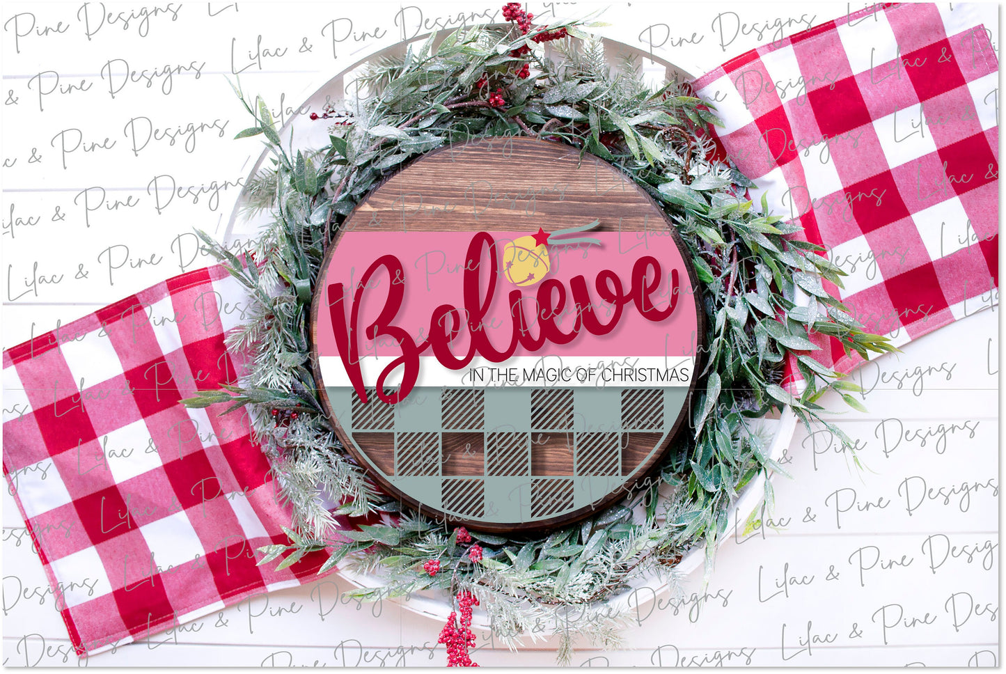 Believe Christmas Magic door hanger, Santa Bell SVG, Sleigh Bell plaid door round, Christmas welcome, Christmas laser file, Glowforge file