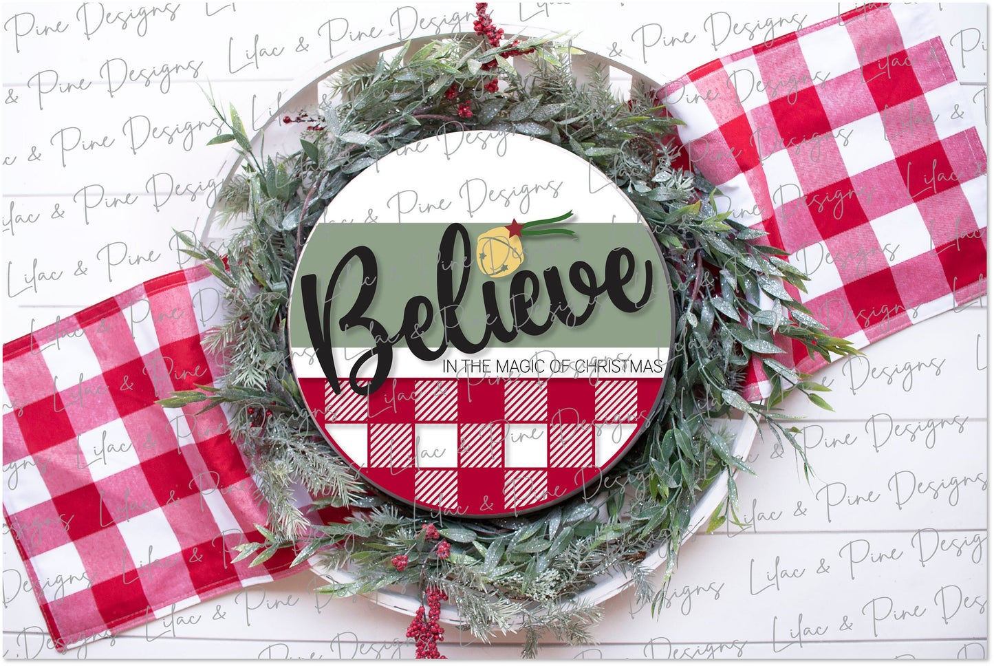 Believe Christmas Magic door hanger, Santa Bell SVG, Sleigh Bell plaid door round, Christmas welcome, Christmas laser file, Glowforge file
