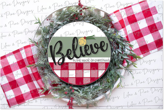 Believe Christmas Magic door hanger, Santa Bell SVG, Sleigh Bell plaid door round, Christmas welcome, Christmas laser file, Glowforge file