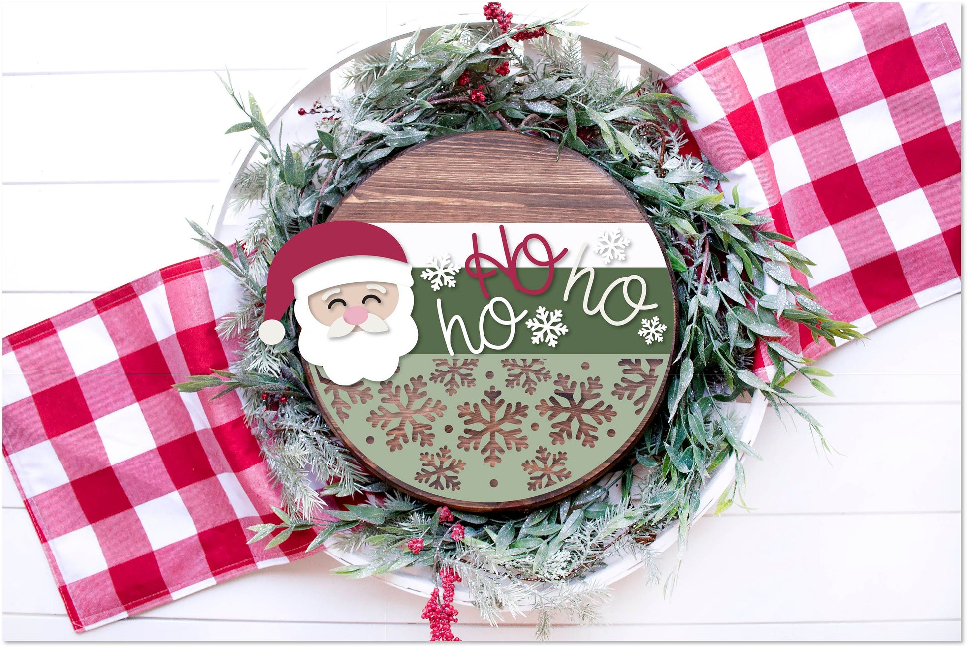 Ho Ho Ho Santa Door Hanger, Christmas door round, Ho Ho Ho SVG, Santa Claus SVG , Christmas decor, snowflake svg, laser SVG, Glowforge file