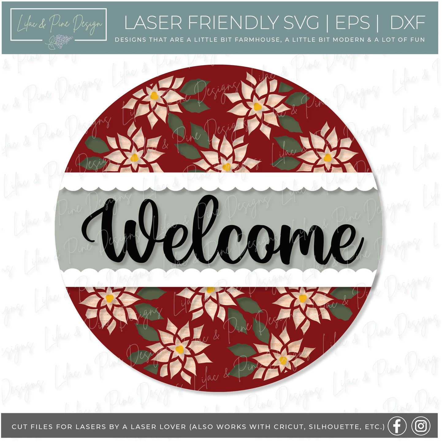 Poinsettia door hanger sign, Merry Christmas SVG, Christmas door round SVG, Holiday welcome sign svg, Christmas laser file, Glowforge file