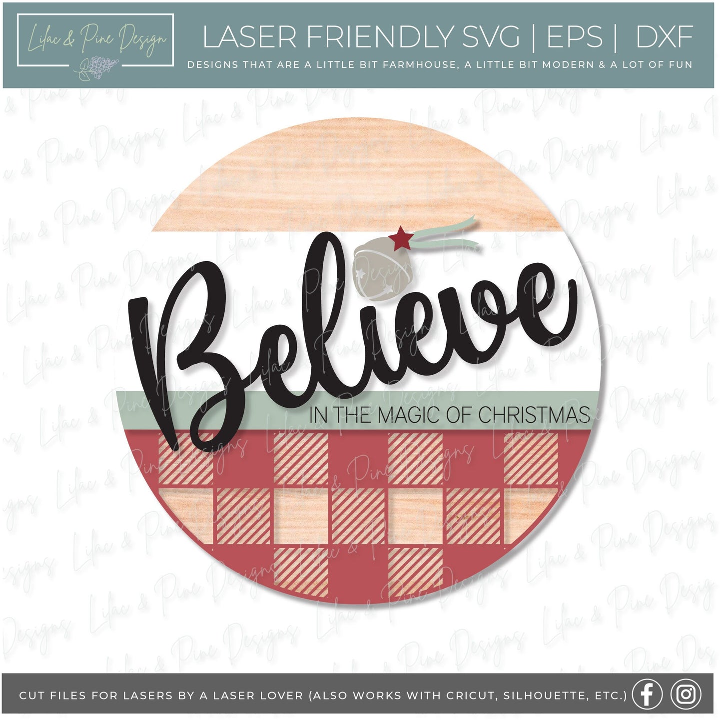 Believe Christmas Magic door hanger, Santa Bell SVG, Sleigh Bell plaid door round, Christmas welcome, Christmas laser file, Glowforge file