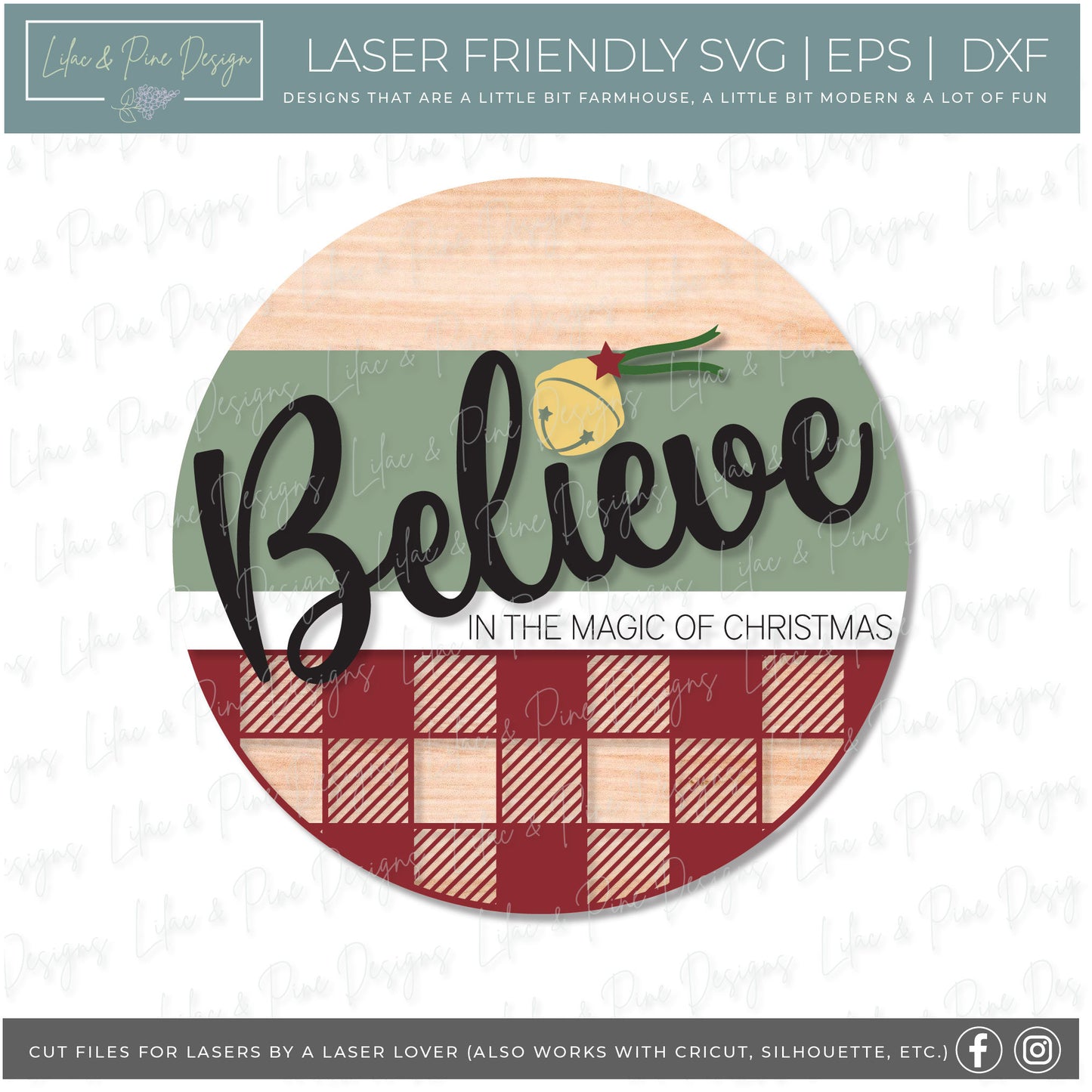Believe Christmas Magic door hanger, Santa Bell SVG, Sleigh Bell plaid door round, Christmas welcome, Christmas laser file, Glowforge file