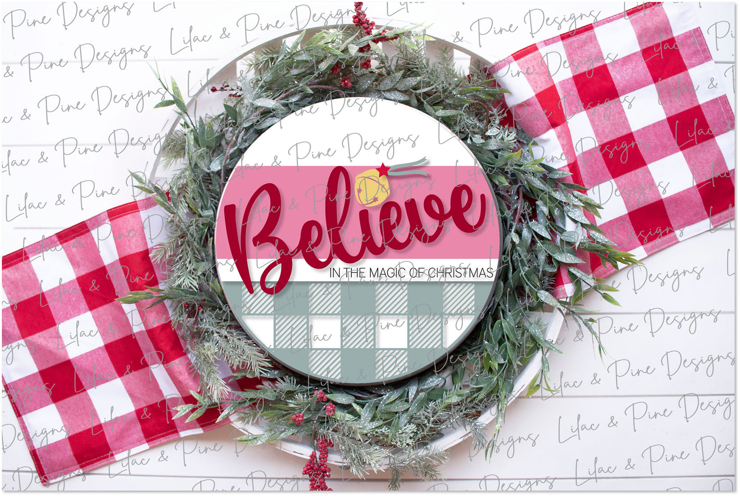 Believe Christmas Magic door hanger, Santa Bell SVG, Sleigh Bell plaid door round, Christmas welcome, Christmas laser file, Glowforge file