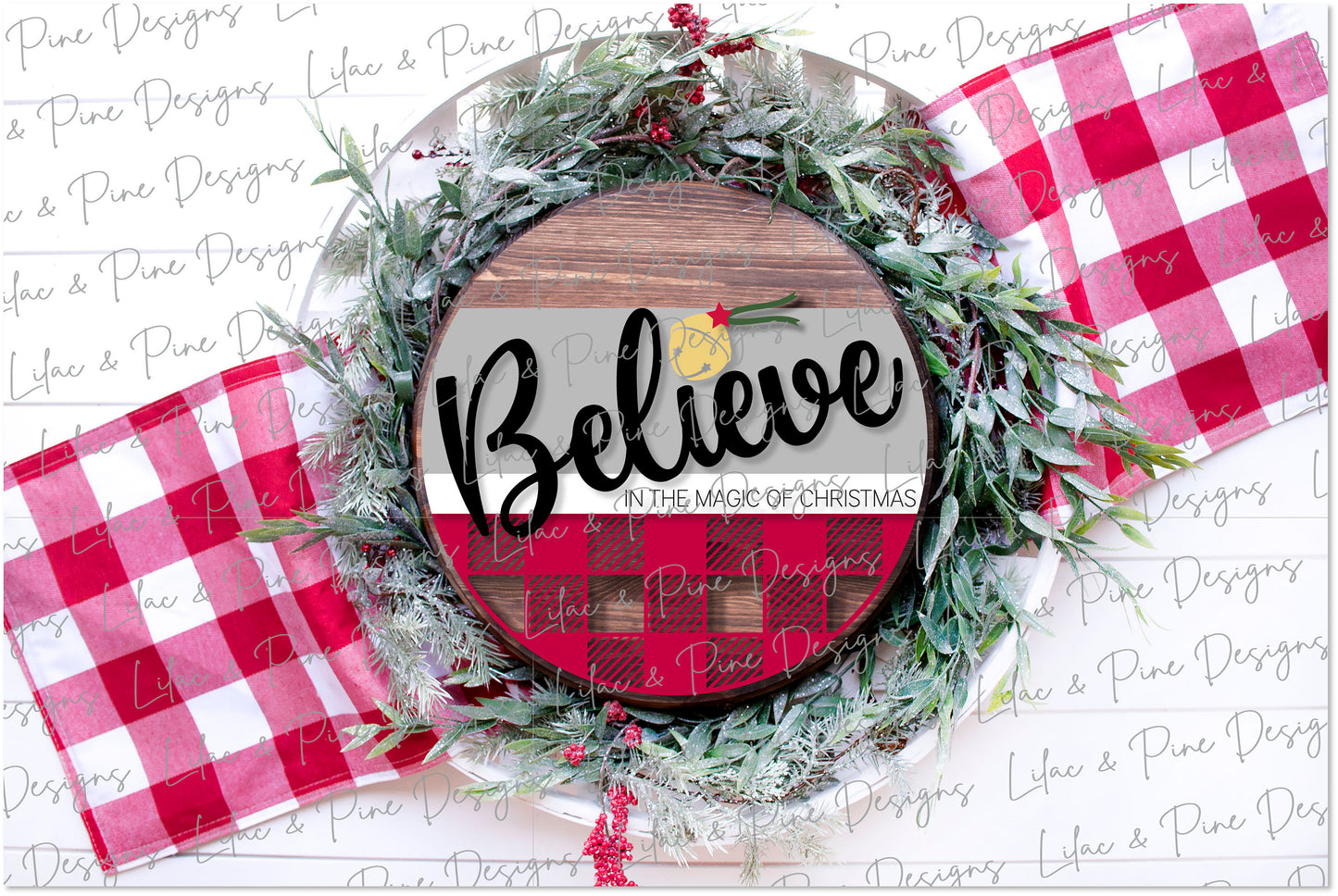 Believe Christmas Magic door hanger, Santa Bell SVG, Sleigh Bell plaid door round, Christmas welcome, Christmas laser file, Glowforge file