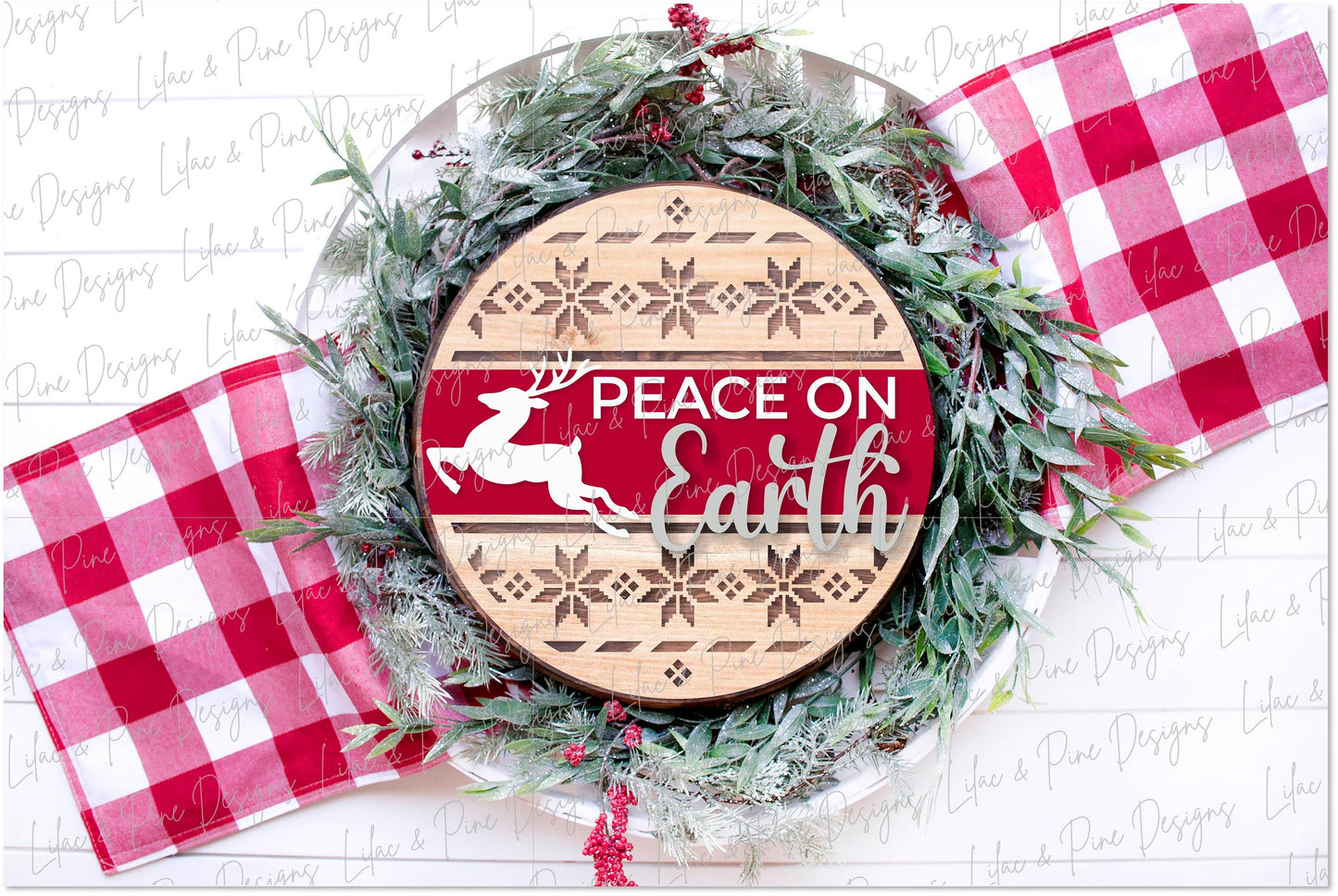 Peace on Earth door hanger, Nordic Christmas SVG, Reindeer sign SVG,  Christmas Welcome svg, Alpine pattern, laser cut file, Glowforge SVG