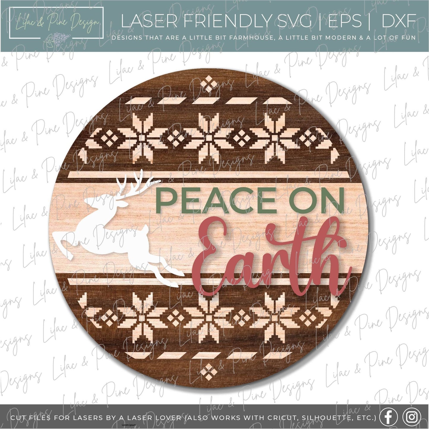 Peace on Earth door hanger, Nordic Christmas SVG, Reindeer sign SVG,  Christmas Welcome svg, Alpine pattern, laser cut file, Glowforge SVG