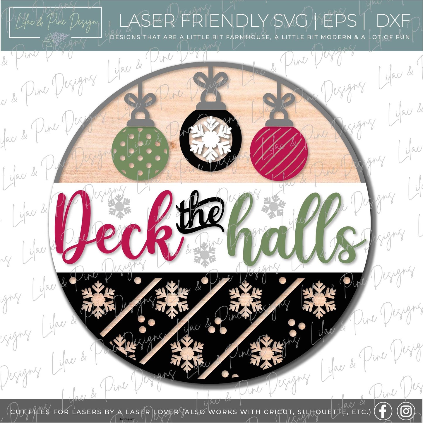 Deck the Halls Door Hanger, Christmas sign door hanger, vintage ornament SVG file, Christmas decor, snowflake svg, laser SVG, Glowforge file