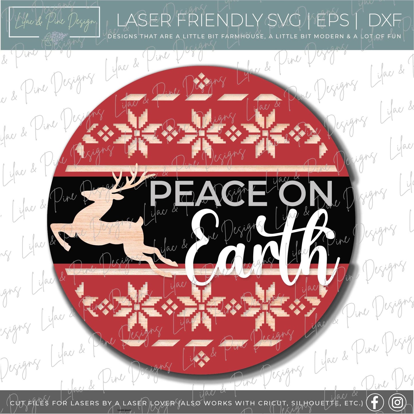 Peace on Earth door hanger, Nordic Christmas SVG, Reindeer sign SVG,  Christmas Welcome svg, Alpine pattern, laser cut file, Glowforge SVG