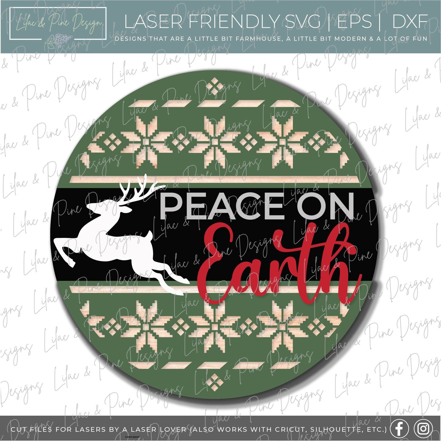 Peace on Earth door hanger, Nordic Christmas SVG, Reindeer sign SVG,  Christmas Welcome svg, Alpine pattern, laser cut file, Glowforge SVG